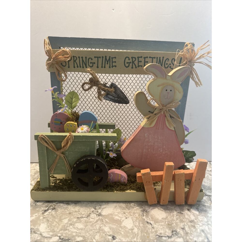 Vintage Home Décor Springtime Greetings Bunny Rabbit Gardener Wheelbarrow Easter